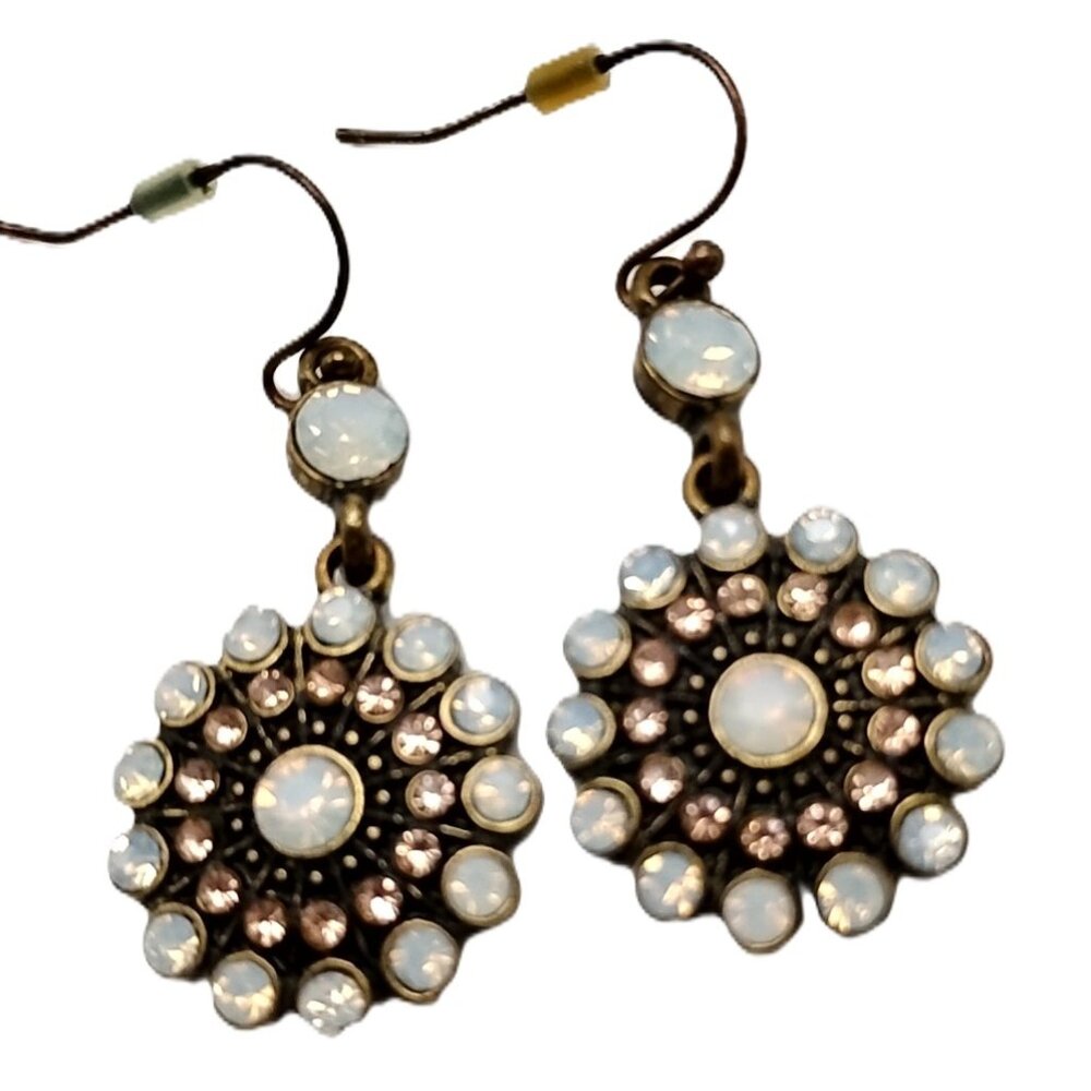 Vintage-Inspired Opalescent & Pink Crystal Halo Drop-Dangle Earrings Brass-tone